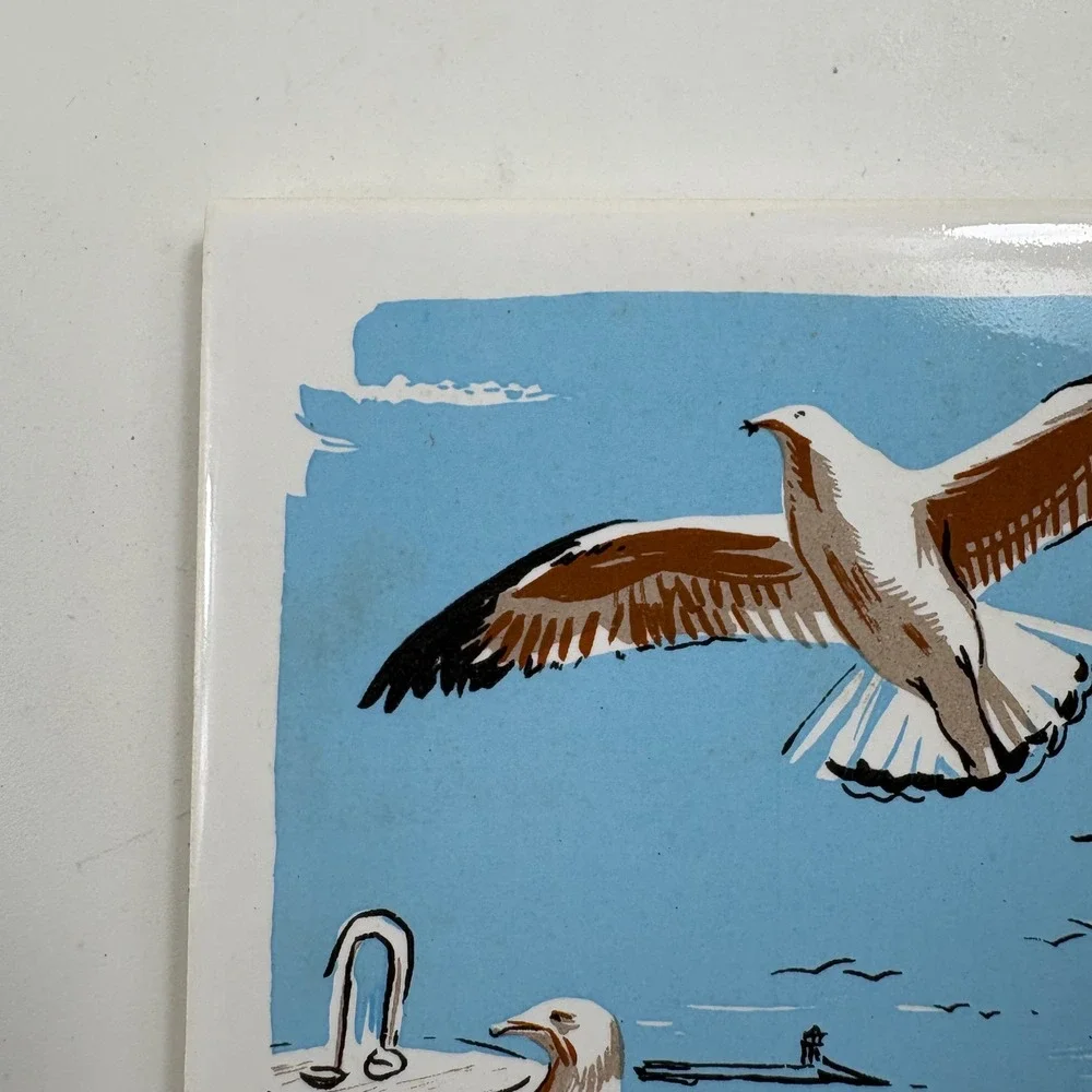 Vintage Screen Craft Seagull‎ Ceramic Tile Coastal Wall Art Hand Decorated